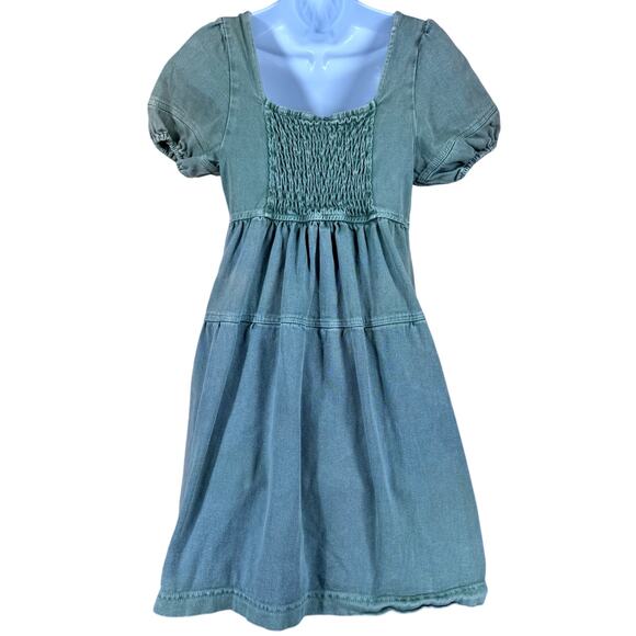 Louna Green Denim Babydoll Empire Puff Sleeve Tiered Mini Dress Women's XS Boho - Picture 4 of 9